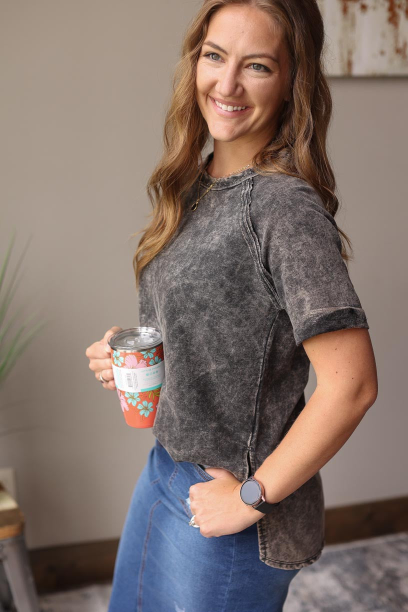Ash Black French Terry Acid Wash Short Sleeve Top Casual Summer Top for Modest Women's Fashion at Classy Closet Online Boutique