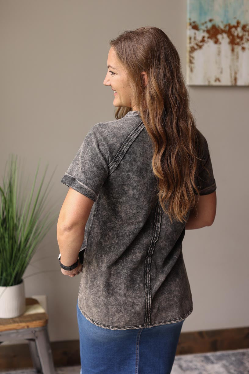 Ash Black French Terry Acid Wash Short Sleeve Top Casual Summer Top for Modest Women's Fashion at Classy Closet Online Boutique