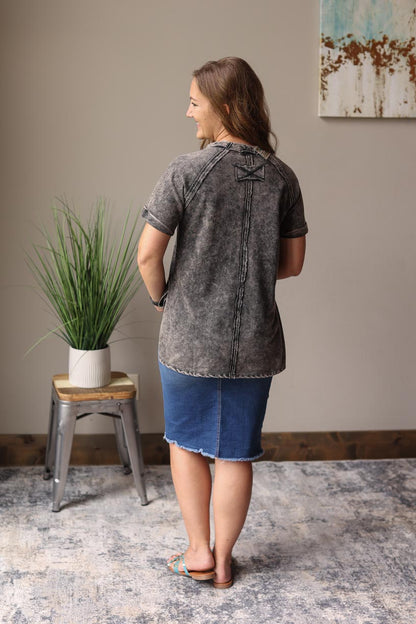 Ash Black French Terry Acid Wash Short Sleeve Top Casual Summer Top for Modest Women's Fashion at Classy Closet Online Boutique