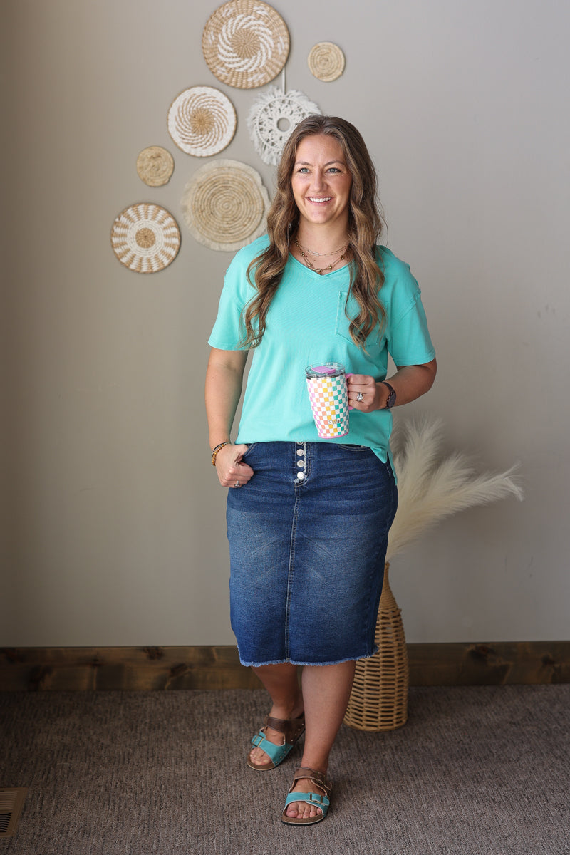 mint turquoise mineral vneck everyday top for mom outfits summer casual with denim skirt and sandals