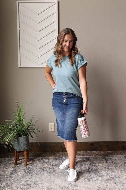Blue Grey Crewneck Rolled Sleeve Tee