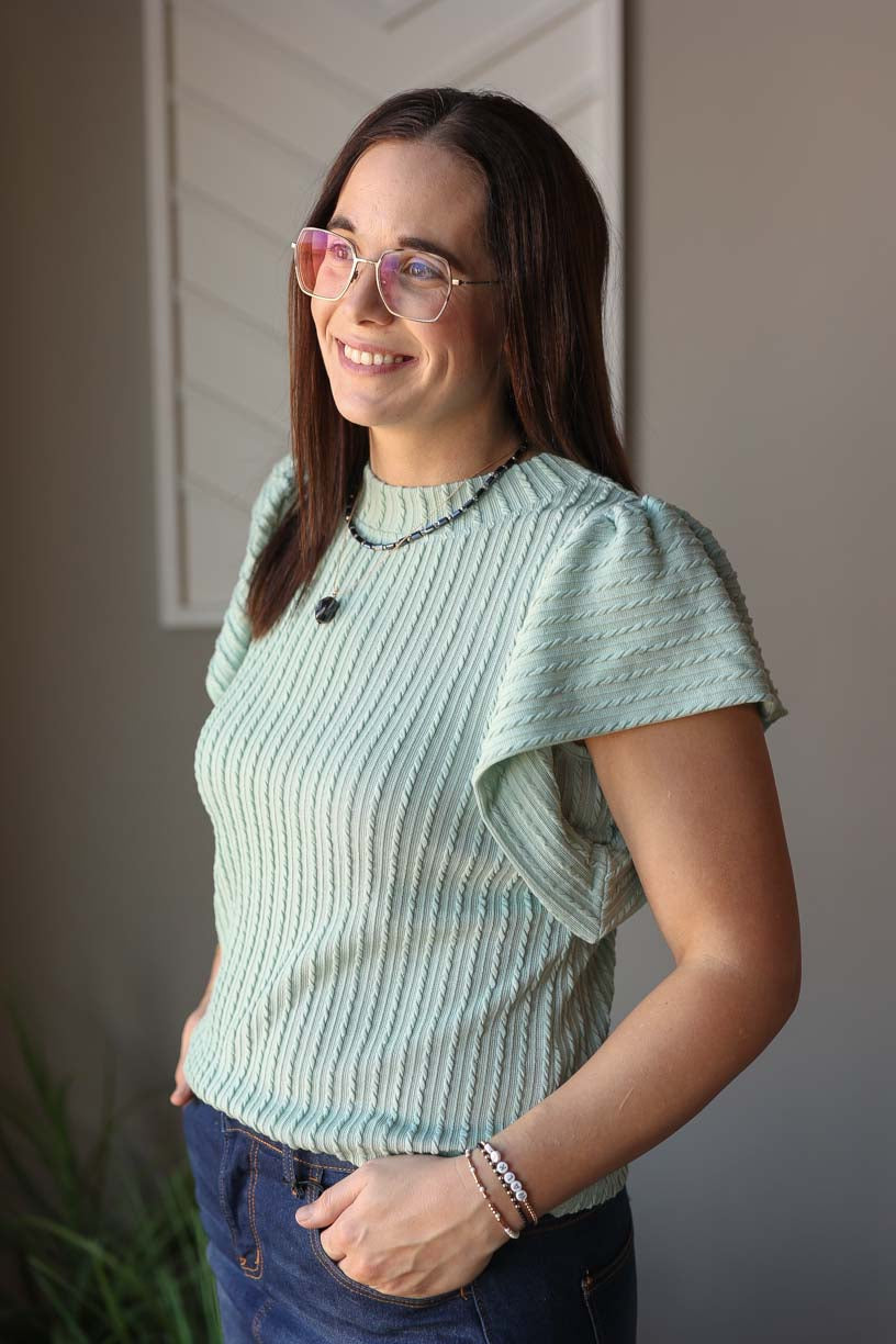 Sage Textured Flutter Sleeve Top