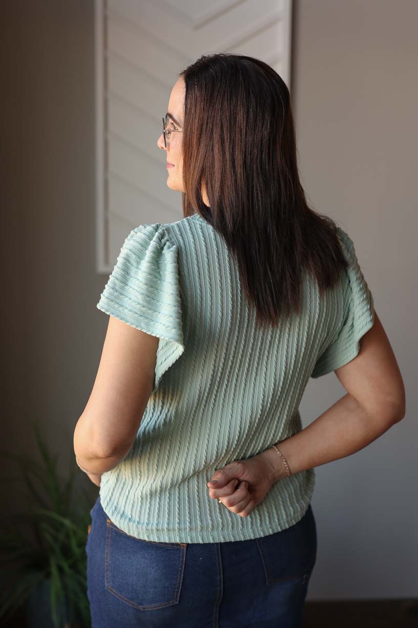 Sage Textured Flutter Sleeve Top