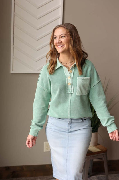 Add a cute, comfy, and casual touch to your wardrobe with our Mint Waffle Pocket Henley Top. Featuring cute wooden buttons, a thermal waffle material, front chest pocket, collar, and stylish outside seam details, this top is perfect for everyday wear, casual work outfits, and friend coffee dates. Say hello to effortless style and comfort! Classy Closet for Cute Spring Outfits for Women's Casual Style