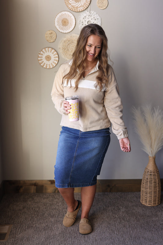 Parchment Fleece Colorblock Zippered Pullover Top