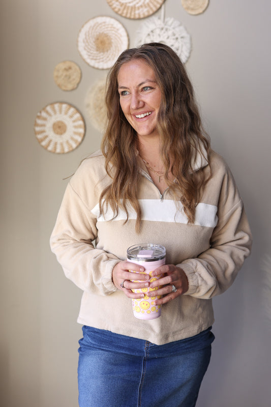 Parchment Fleece Colorblock Zippered Pullover Top