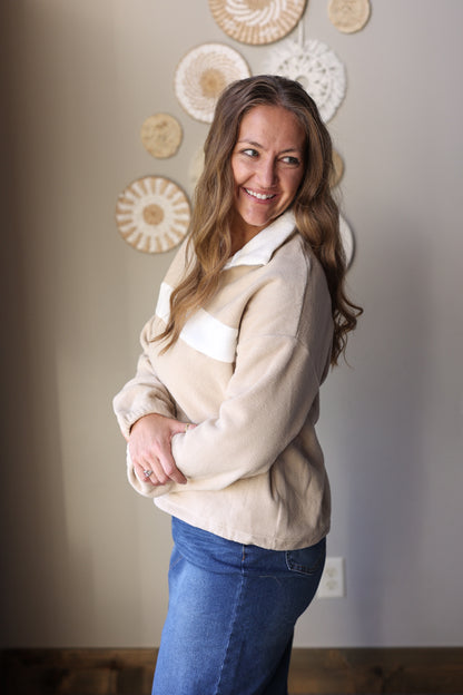 Parchment Fleece Colorblock Zippered Pullover Top