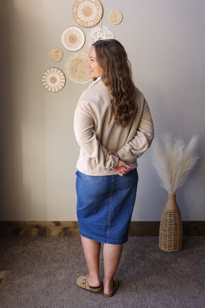 Parchment Fleece Colorblock Zippered Pullover Top