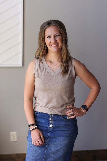 Taupe Ribbed V-Neck Tank