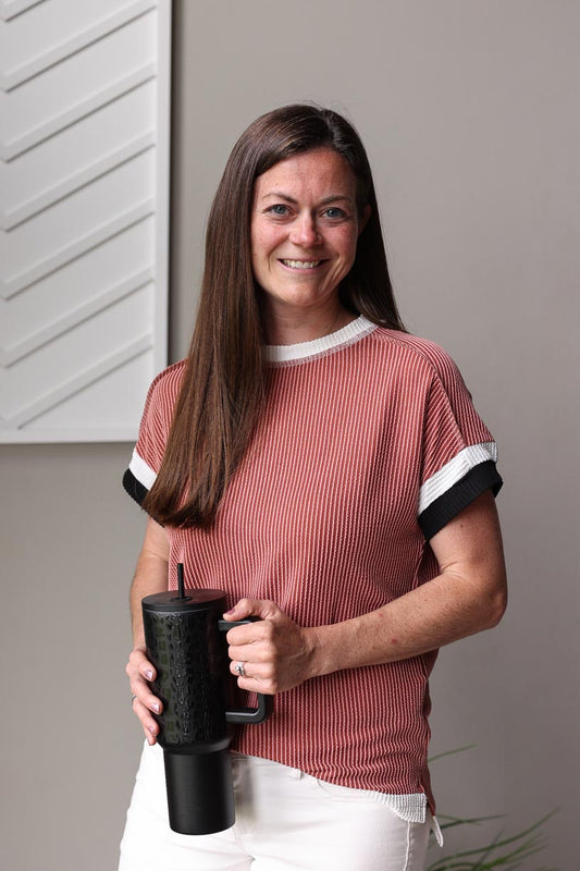 Get ready to fall in love with our Coffee Textured Contrast Trim Top! The beautiful color combo is sure to brighten your day, and the corded material will quickly become your go-to for all your summer adventures. Simple and happy, this top is a must-have addition to your wardrobe. Classy Closet Women's Trendy Modest Boutique