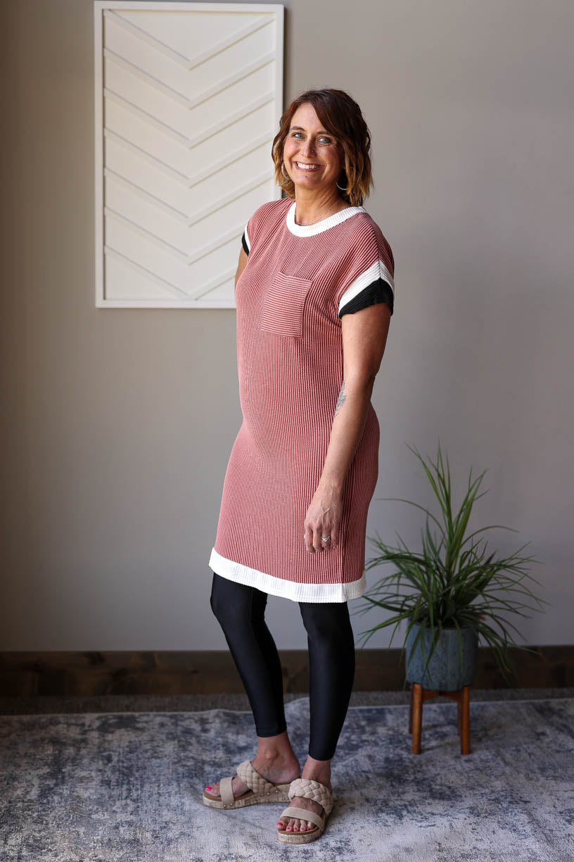 Mocha Textured Colorblock T-Shirt Dress