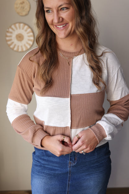 Dark Khaki Colorblock Checkered Top