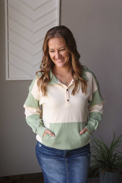 Moss Green Colorblock Kangaroo Pocket Sweatshirt