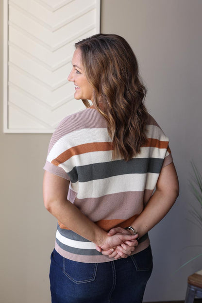 Camel Striped Short Sleeve Sweater • XL