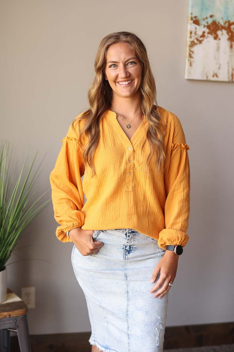 Our Mustard Balloon Long Sleeve Crinkled Top is here to make you look and feel amazing! Made with a soft, gauze-like material, this top is so comfortable and breezy that you’ll feel ready to take on the office or a day out with the girls. Who says fashion can’t be comfortable?