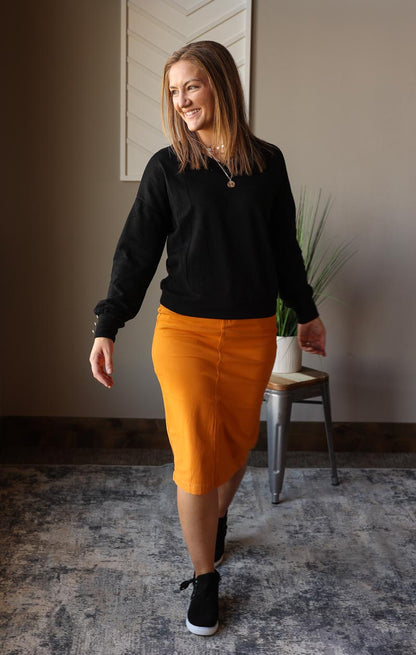 Mustard Stretch Midi Denim Skirt for Modest Fashion at Classy Closet Online Women's Boutique Near Me