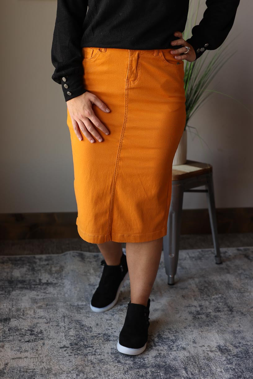 Mustard Colored Denim Skirt Classy Closet Boutique Modest Fashion 3