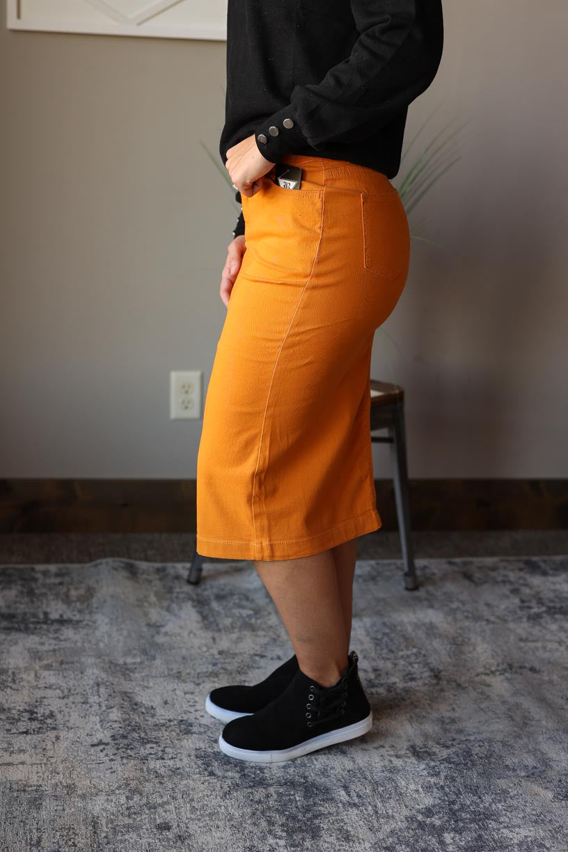Mustard Colored Denim Skirt Classy Closet Boutique Modest Fashion 4