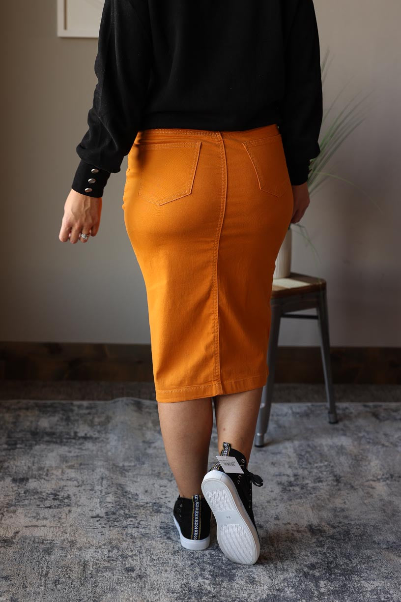 Mustard Stretch Midi Denim Skirt