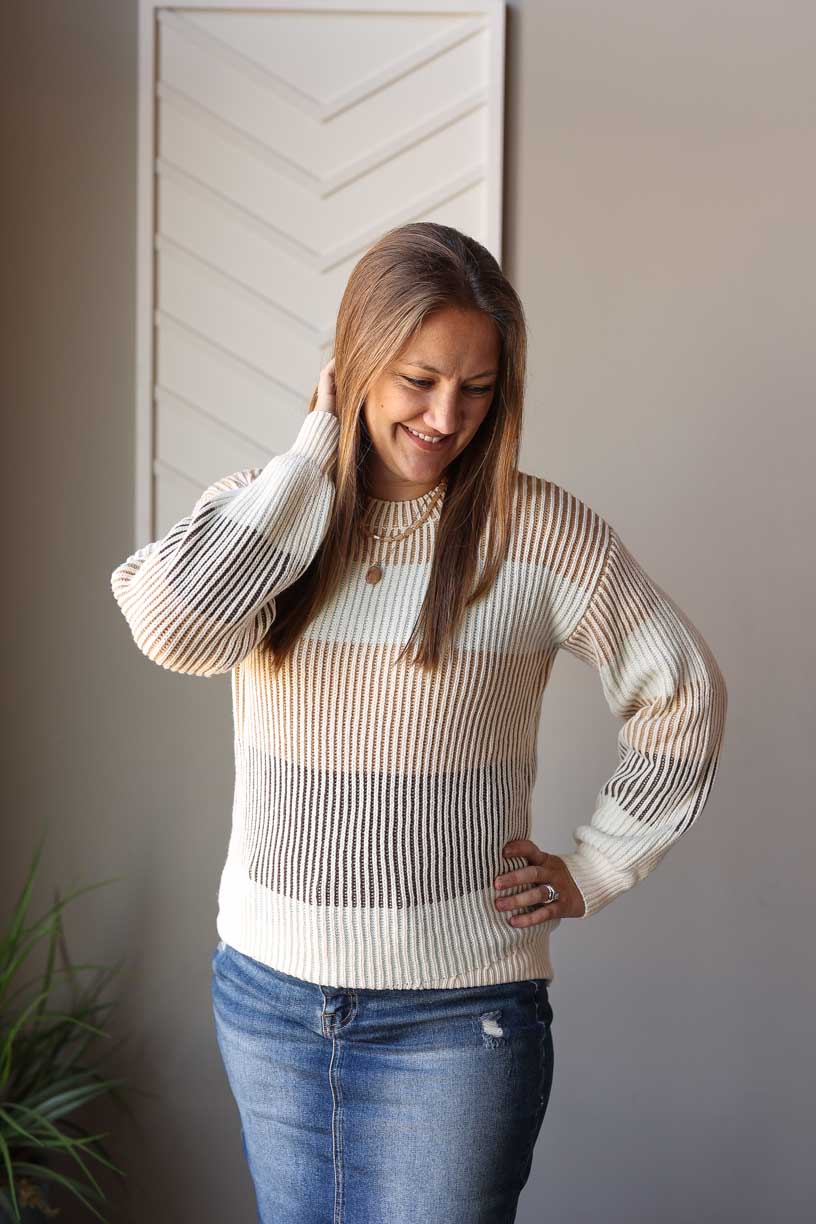 Neutral Colorblock Textured Sweater: Lg