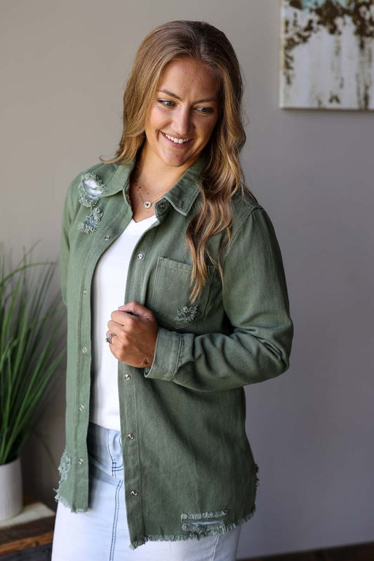 ook cute and feel comfortable with this Olive Distressed Denim Shirt Jacket at Classy Closet for Women's Fall Winter Fashion Outfits Boutique