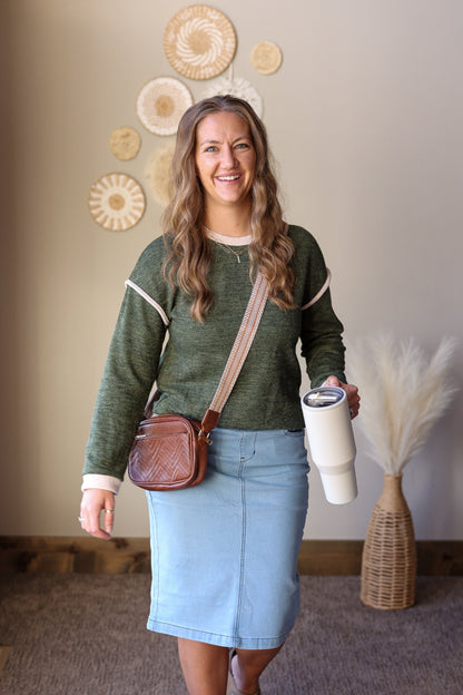 Olive Contrast Trim Sweater Top