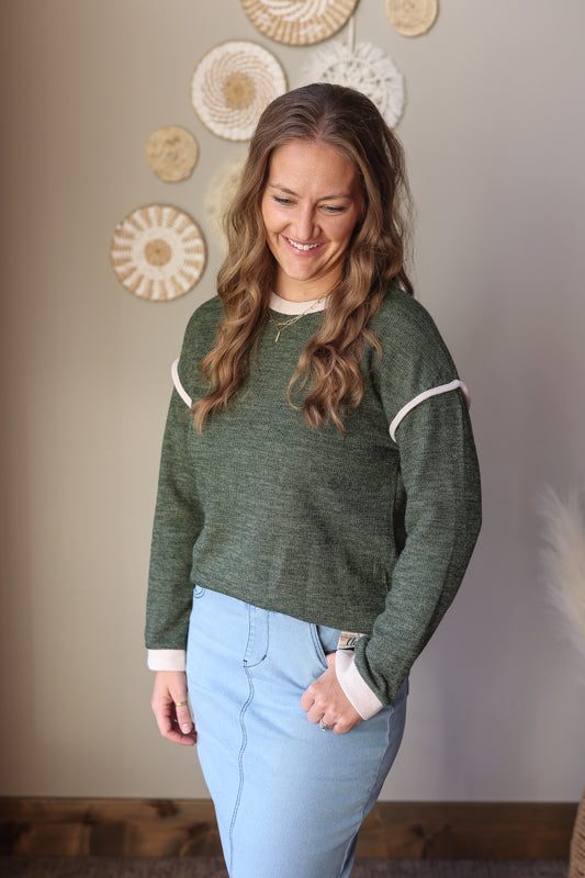 Olive Contrast Trim Sweater Top