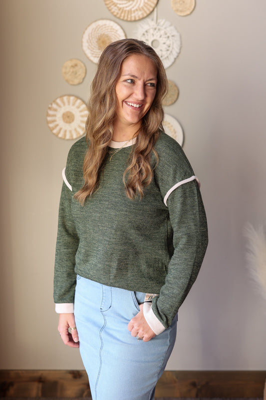 Olive Contrast Trim Sweater Top