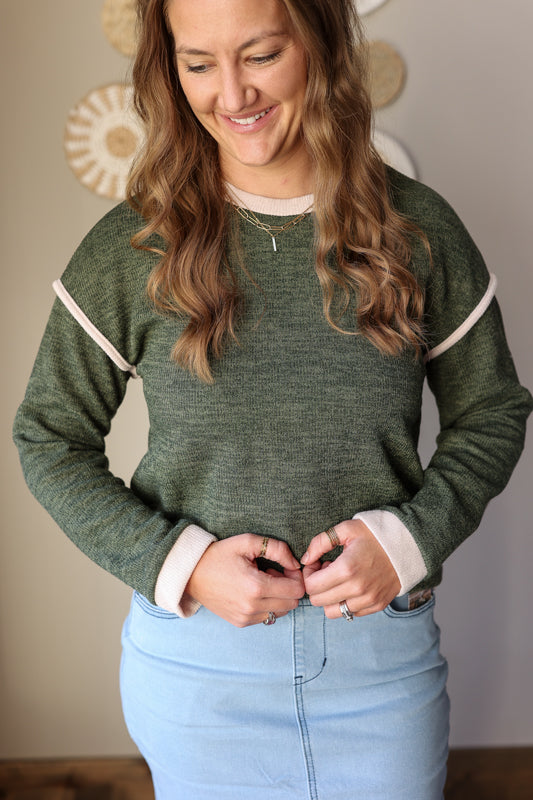 Olive Contrast Trim Sweater Top