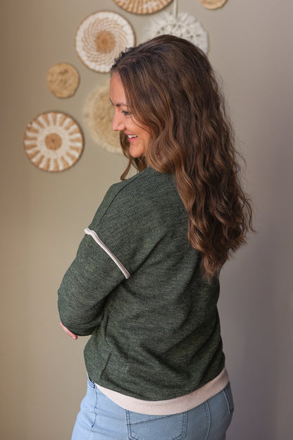 Olive Contrast Trim Sweater Top