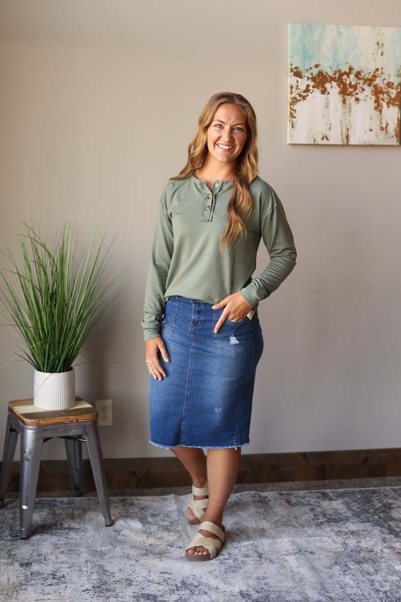 Olive Green Button Henley Long Sleeve Top | Cute, Comfy, Casual Style