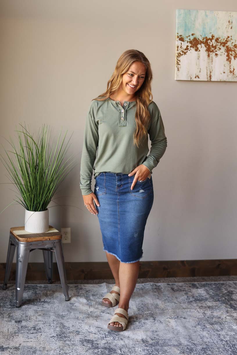 Olive Green Button Henley Long Sleeve Top | Cute, Comfy, Casual Style