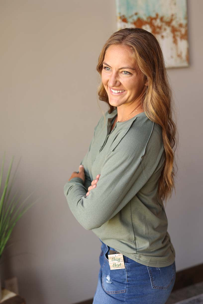Olive Green Button Henley Long Sleeve Top | Cute, Comfy, Casual Style