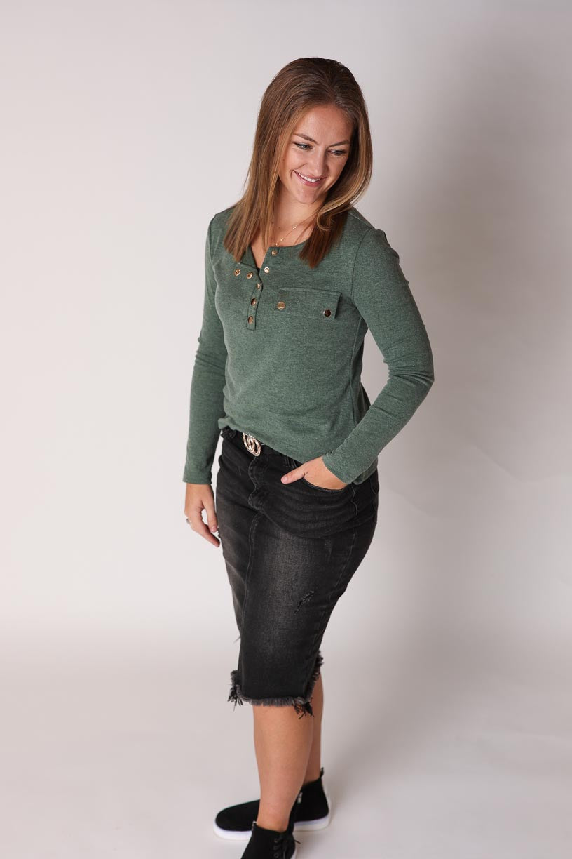 Olive Green Moto Snap Henley Top