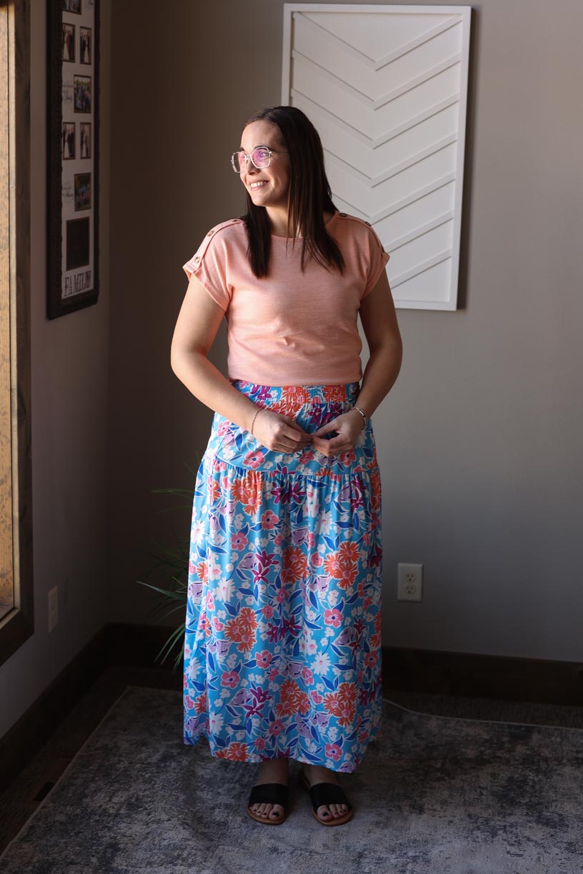 Check out our newest addition to the collection - the Blue Coral Floral Split Wrap Maxi Skirt. This cute, breezy and fun skirt is perfect for any summer adventure, a day at work, or a relaxing day at the beach. With all functional buttons, it's easy to adjust and style for any occasion. Don't miss out on this summer, must-have piece! Classy Closet online women's boutique shop for women's modest fashion and cute mom outfits 