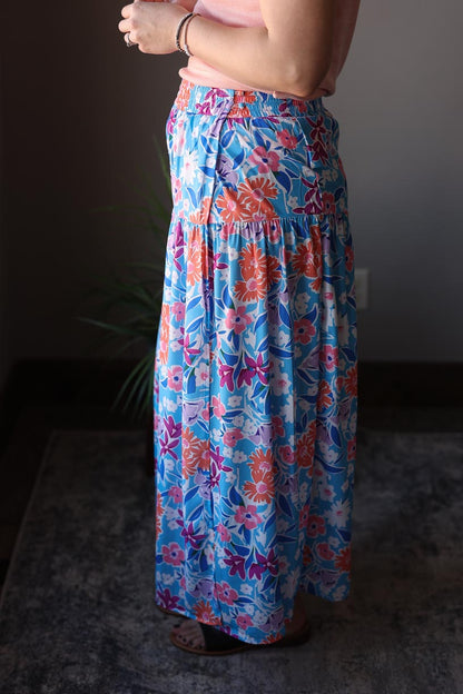 Blue Coral Floral Split Wrap Maxi Skirt