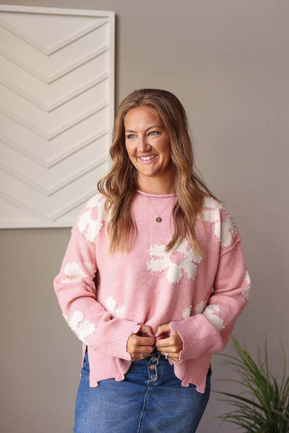 Pink Pearl Beaded Floral Sweater