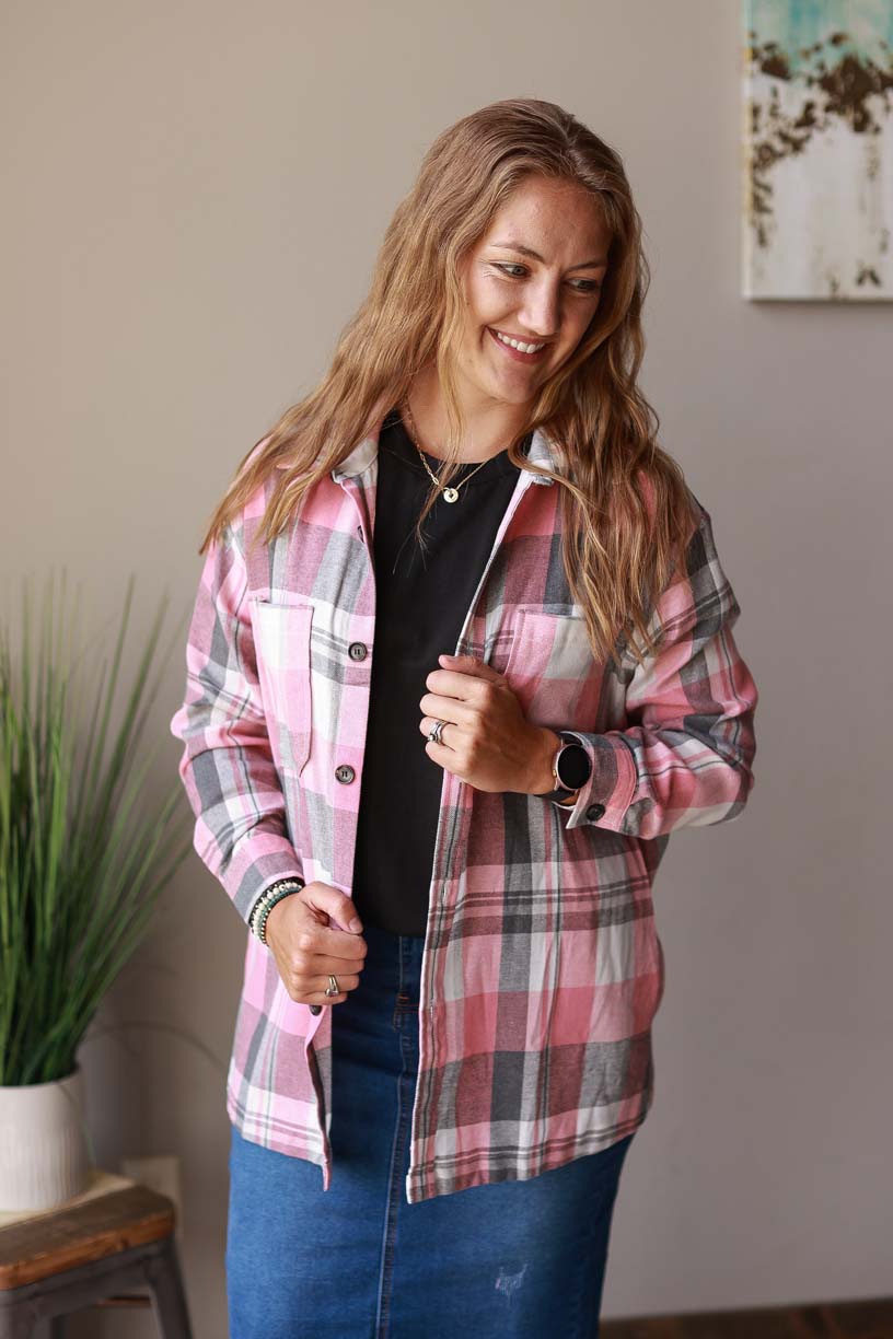 Stay comfortable and stylish as temperatures cool with this Pink Plaid Button Up at Classy Closet WOmen's CLothing Boutique Online