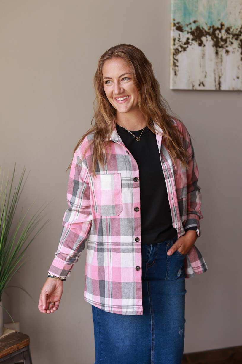 Stay comfortable and stylish as temperatures cool with this Pink Plaid Button Up at Classy Closet WOmen's CLothing Boutique Online