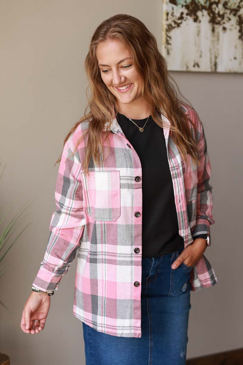 Stay comfortable and stylish as temperatures cool with this Pink Plaid Button Up at Classy Closet WOmen's CLothing Boutique Online