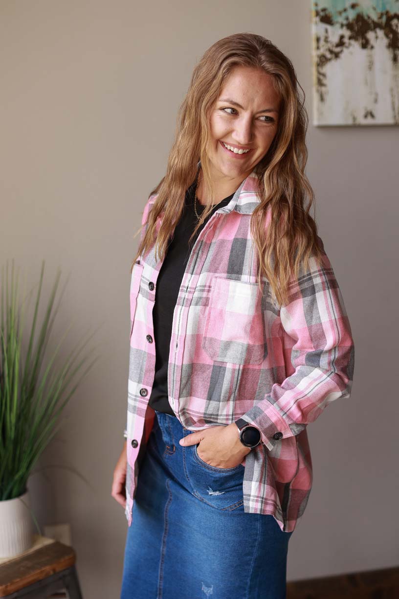 Stay comfortable and stylish as temperatures cool with this Pink Plaid Button Up at Classy Closet WOmen's CLothing Boutique Online
