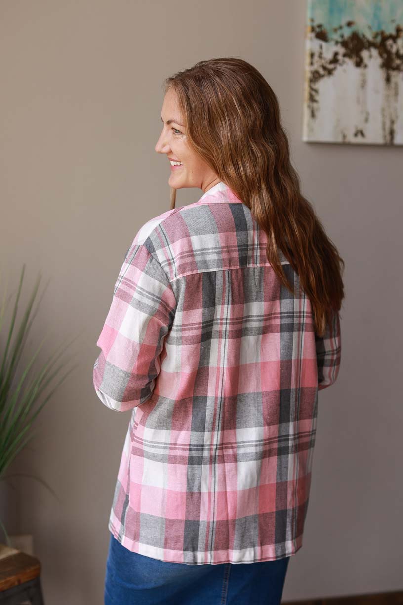 Stay comfortable and stylish as temperatures cool with this Pink Plaid Button Up at Classy Closet WOmen's CLothing Boutique Online