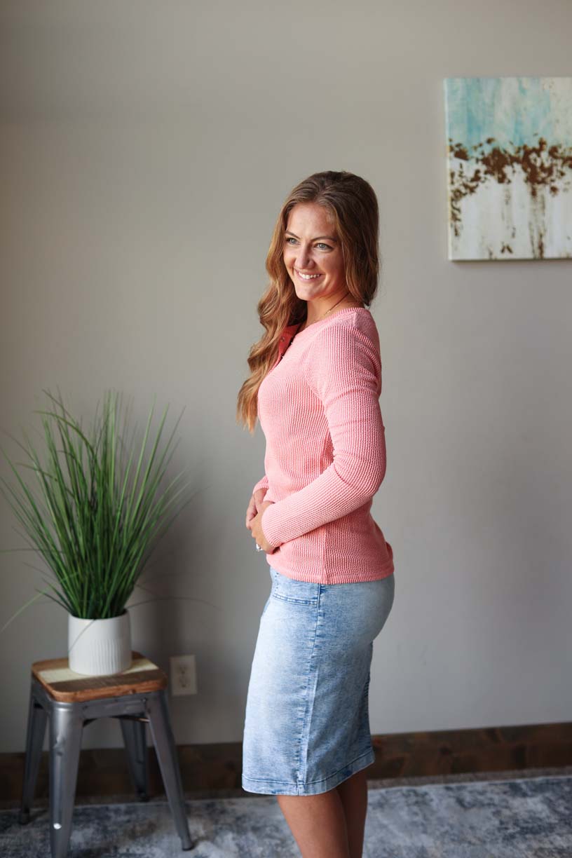 Front view of coral textured long sleeve henley top, perfect for a stylish and comfortable fall outfit at Classy Closet, a women's online modest fashion clothing boutique in Iowa.