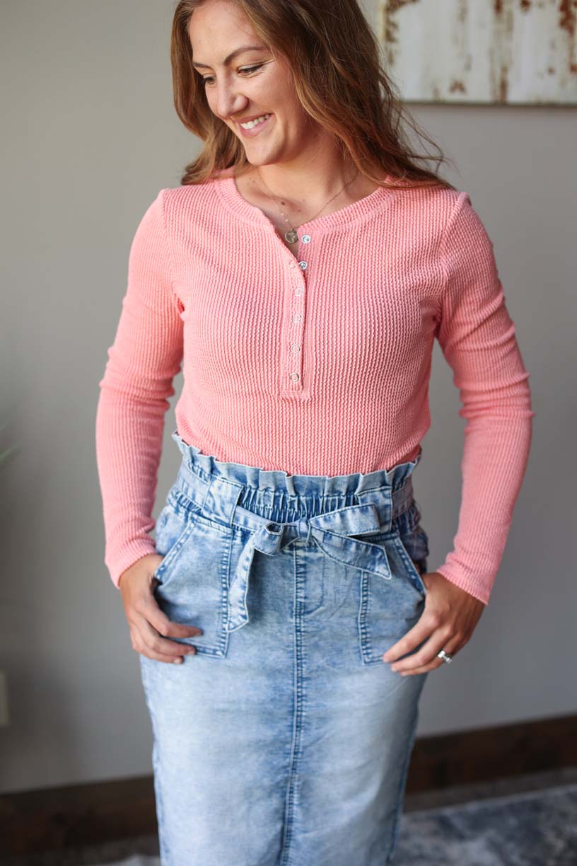 Front view of coral textured long sleeve henley top, perfect for a stylish and comfortable fall outfit at Classy Closet, a women's online modest fashion clothing boutique in Iowa.