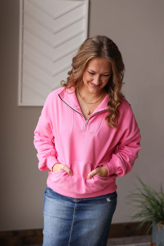 Bonbon Quarter Zip Kangaroo Pocket Sweatshirt, S-2XL PLUS