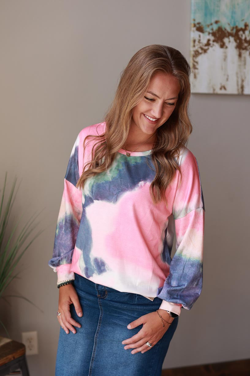 Multicolor Tie Dye Long Sleeve Top | Cute, Comfy, Casual Style at Classy Closet Online Boutique Near Me for Women's Modest Fashion