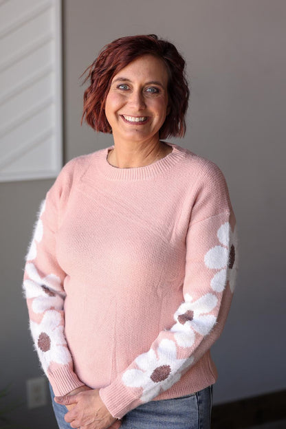 Dusty Pink Flower Sleeve Sweater, S-2XL PLUS