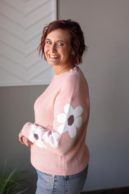 Dusty Pink Flower Sleeve Sweater, S-2XL PLUS