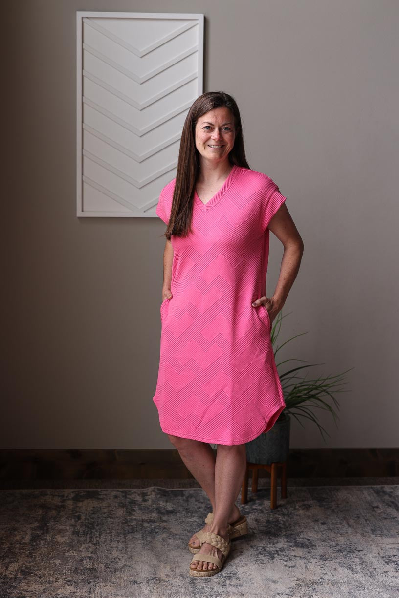 Pink Bonbon Textured V-Neck Midi Dress
