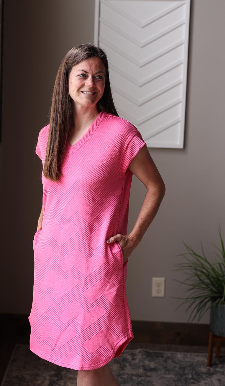 Pink Bonbon Textured V-Neck Midi Dress